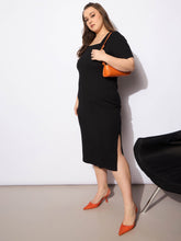 Women Black Rib Square Neck Short Sleeves Midi Dress